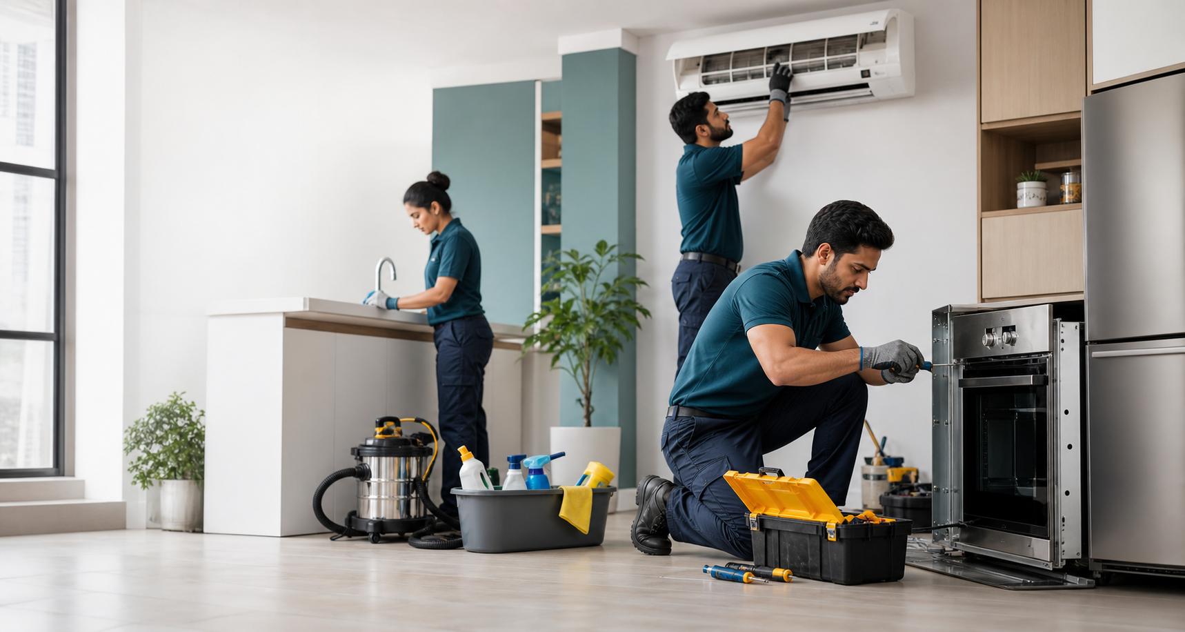 Home service technicians repairing AC, plumbing, cleaning, and appliances